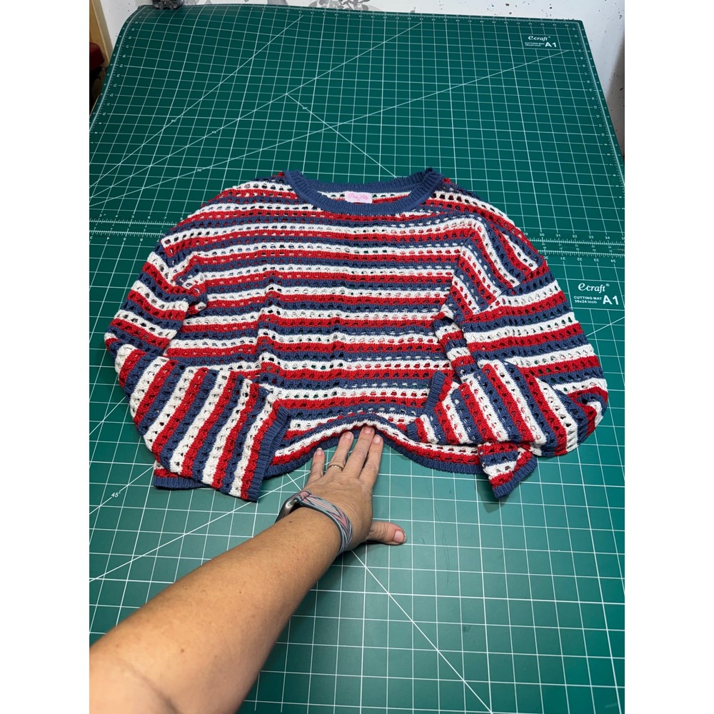 Pink Lily Women Red White Blue Striped Crochet Open Knit Sweater Small Americana
